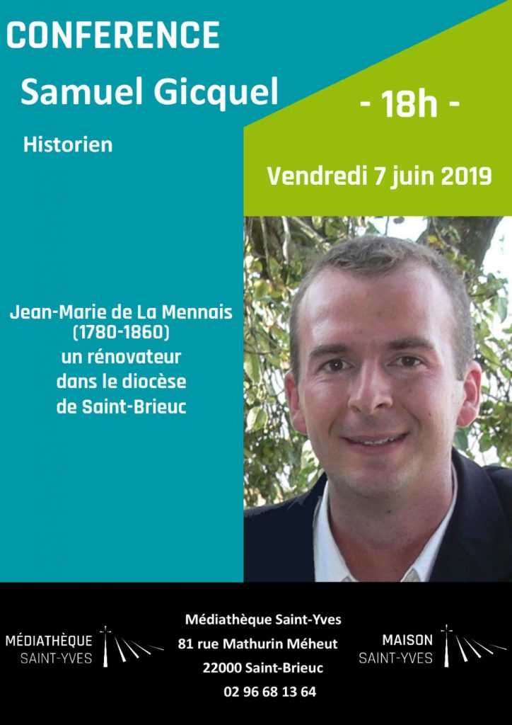 Affiche sur la conférence de Samuel Gicquel en juin 2019 à la Maison Saint-Yves
